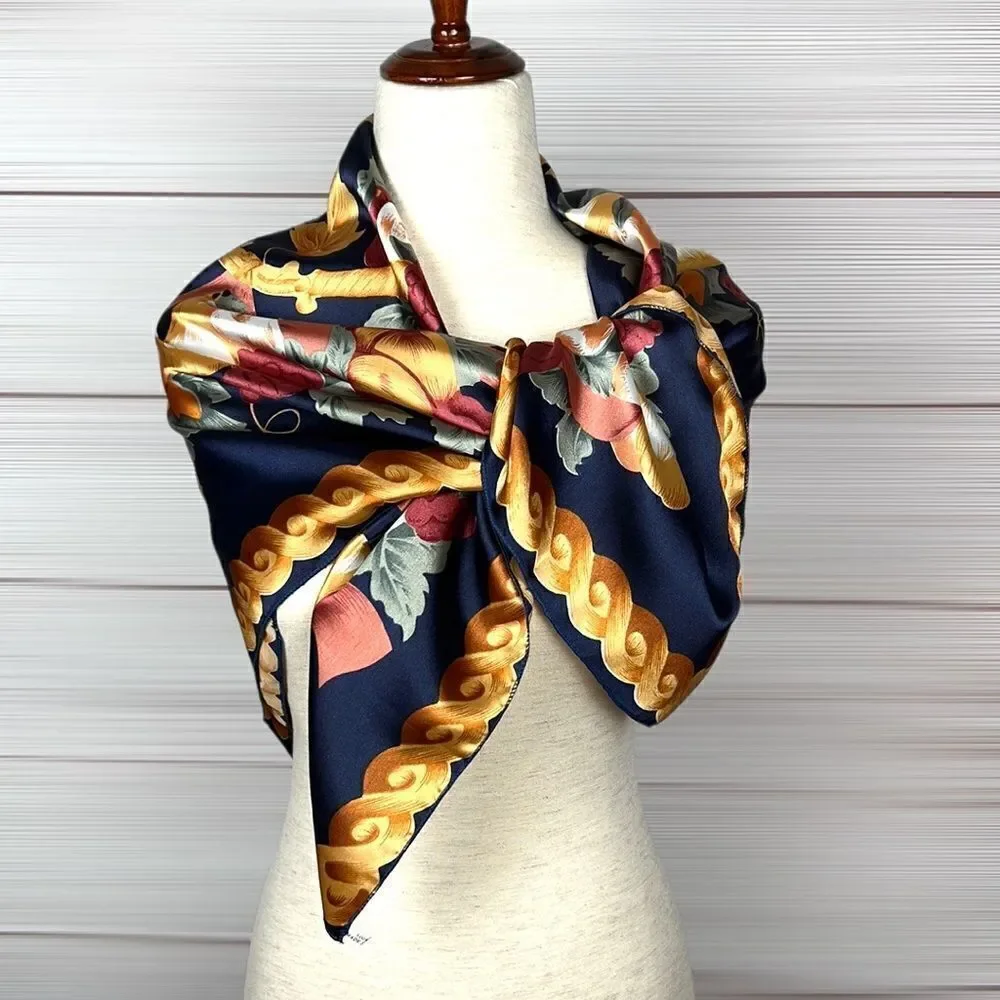 Silk Satin Navy Blue Square Scarf Fruits and Golden Leaves Print